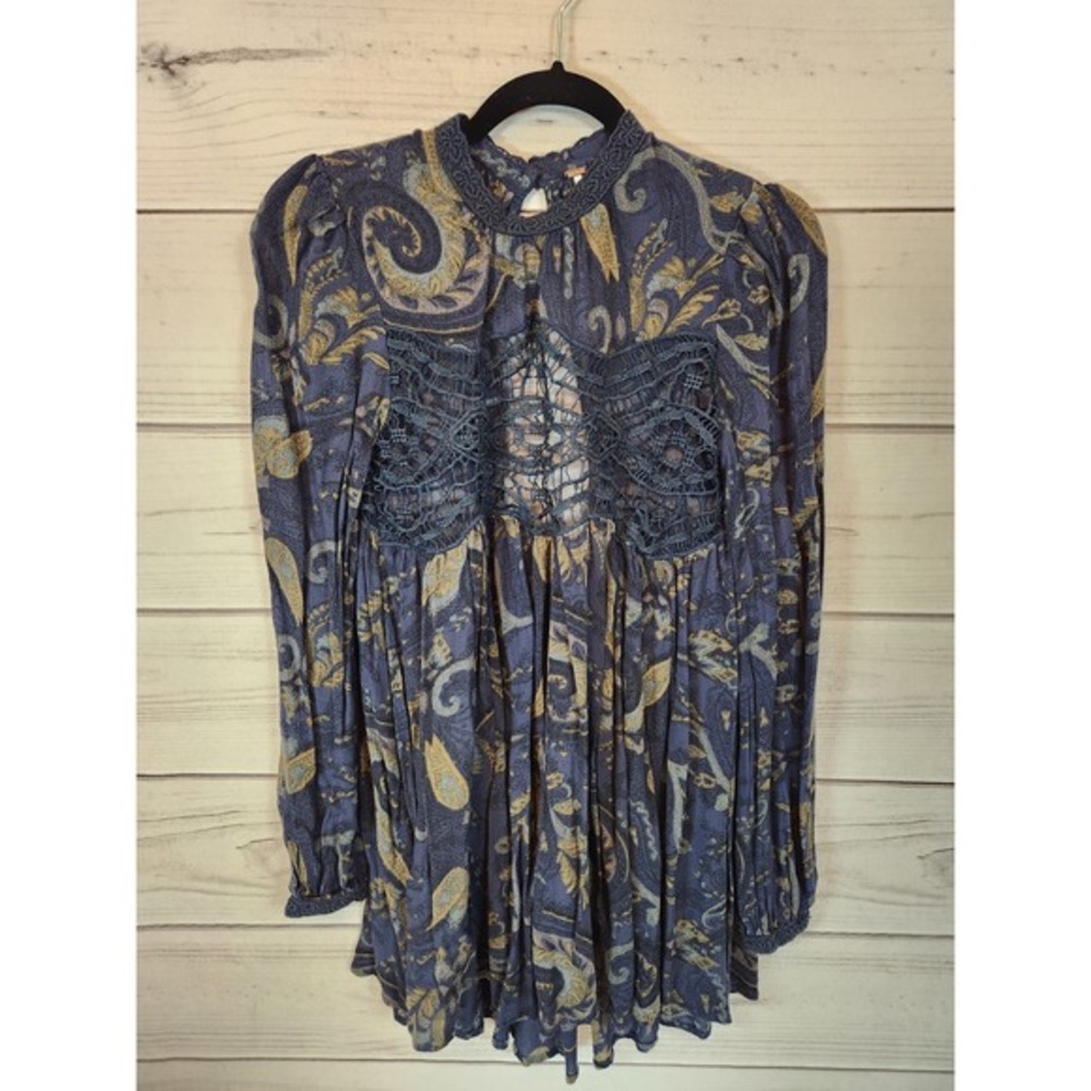 Free People Women's Navy Blue Paisley Crew Neck Puff Sleeve Mini Dress Size XS‎